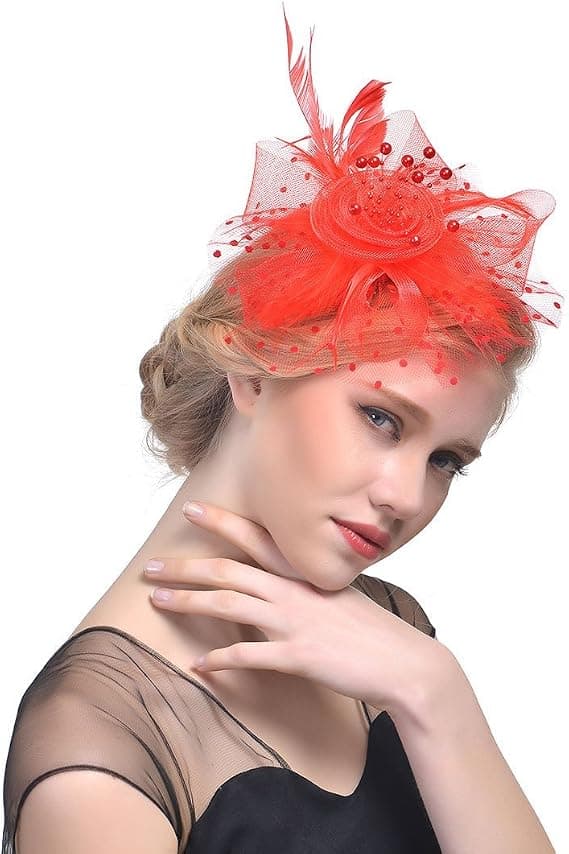 Fascinatorhat til kvinder, damer, bryllup, teselskab, flapper, pillboxhat, Ascot-løbshat, fjerblomst (rød)
