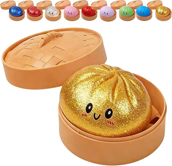 Glitter Dumpling, Glitter Dumpling Squishy med låda, Dumplings Sensorisk Klämleksak för Stresslindring Gold