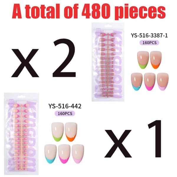 480 French manicure tips, five colors, versatile, removable, nail art (tools not included).