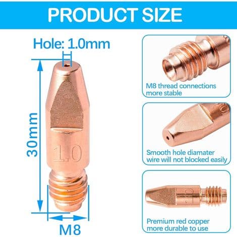 10 stk MIG MB 36KD svejsetilbehør 1,0 mm sliddele kontakttips svejsedyser kontakttips M8x30mm tilbehør