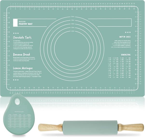 Silikon Bakematte Sett med Kjevle og Deigskrape Varmebestandig Silikon Bakeplate Nonstick Rektangulær Kakematte for Pizzadeig (grønn)
