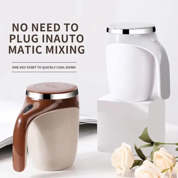 Selvrørende kaffekrus – Automatisk magnetisk rørekrus med låg i rustfrit stål til kaffe, mælk, kakao og mere (perlehvid)
