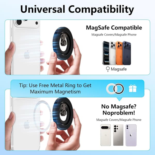 Magnetisk Telefonringholder, 360° Roterende Dobbeltsidet Grebsstativ til de fleste Smartphones & Bilholdere – Sort Cool Black