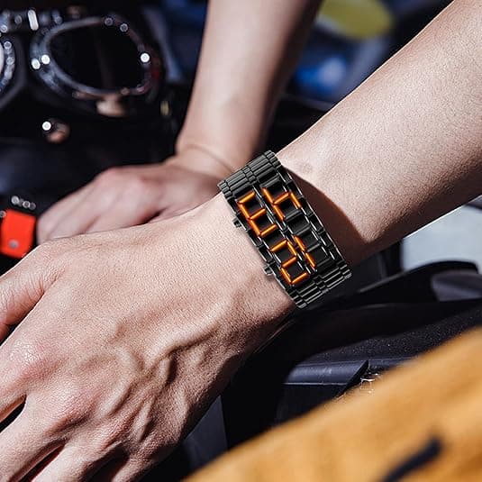 Herre Lava Stil Rustfrit Stål Ur Rød Blå LED Digital Ur Sort Armbåndsur