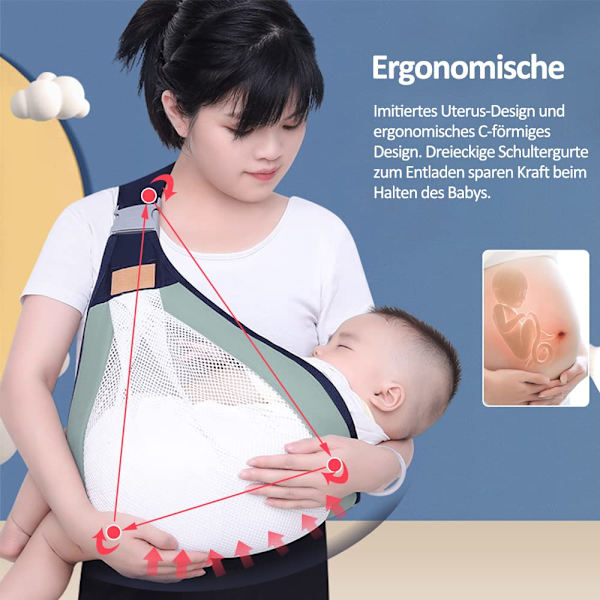 Tyuodna Andningsbar Babysele, Justerbar Baby Carrier Wrap, Snabbtorkande, Mesh-tyg, Tjocka Axelremmar, Baby Carrier Nyfödd från födseln för