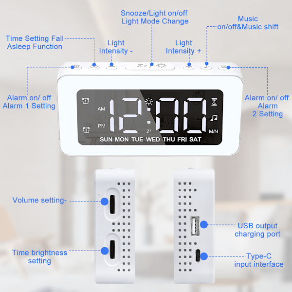 Nattlampa väckarklocka för barn, tonåringar, vuxna, spegelklocka med dubbla alarm, snooze, LED-display, USB-laddare, små dimbara alarm för