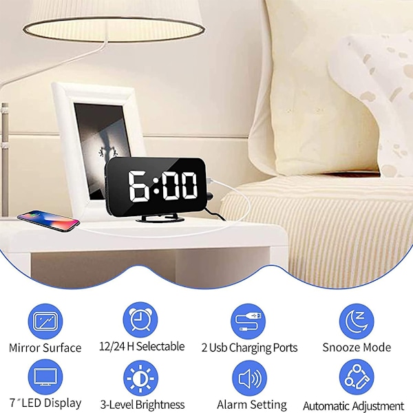 Digital väckarklocka, väckarklockor för sovrum, stor display spegelyta väckarklocka med USB-laddare 12/24H, automatisk dimmerläge, för kontor sovrum