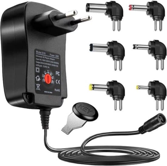 Universal AC-strømadapter med USB-port - 3V / 4.5V / 5V / 6V / 7.5V / 9V / 12V - 6 stik
