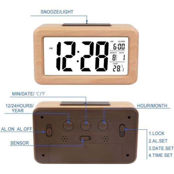 Digital Alarm Clock - Elegant Solid Wood Electronic Clock - Temperature Display - Backlight