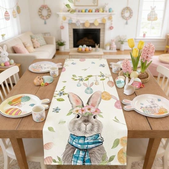 Easter Decoration - Easter Table Runner with Rabbits, Eggs, Flowers and Carrots - 40 x 140 cm Easter Tablecloth - Spring Table Runner
