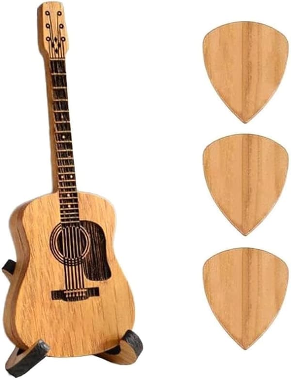 Gitarrplektrumbox i trä med ställ - 3 st unika gitarrplektrum, miniförvaringsbox för gitarrister, musiker graverat plektrumfodral i trä, akustisk gitarr