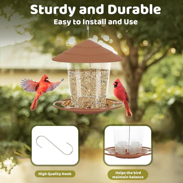 Outdoor Bird Feeder, Heavy Duty Plastic Bird Feeder with Hanging Hook, Squirrel Proof, Durable Brown Bird Feeder.