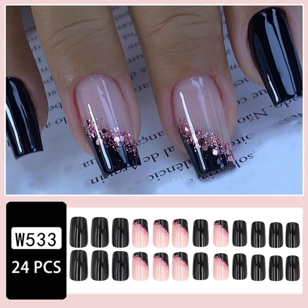 False Nails Medium Square Black False Nails Artificial Acrylic Nails Pink Glitter Powder Sequins Design French False Nails Full Coverage Gloss