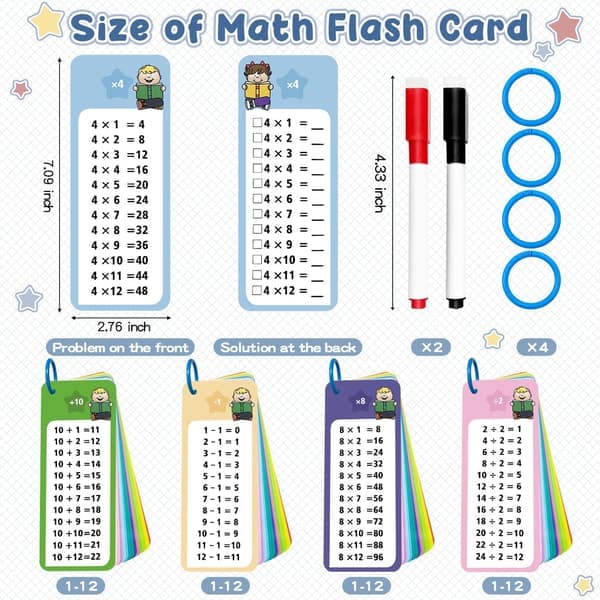 60-pack Multi Math Flash Cards Addition Subtraction Multiplication Division Flashcard med 2 Dry Erase Markers 4 Rings Educational Times Table