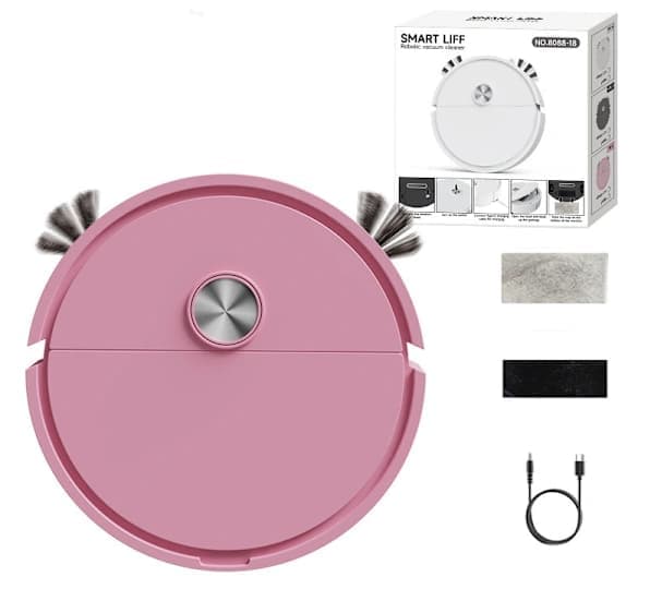 Genopladelig mini robotstøvsuger med moppefunktion, lille gulvrenser i pink.