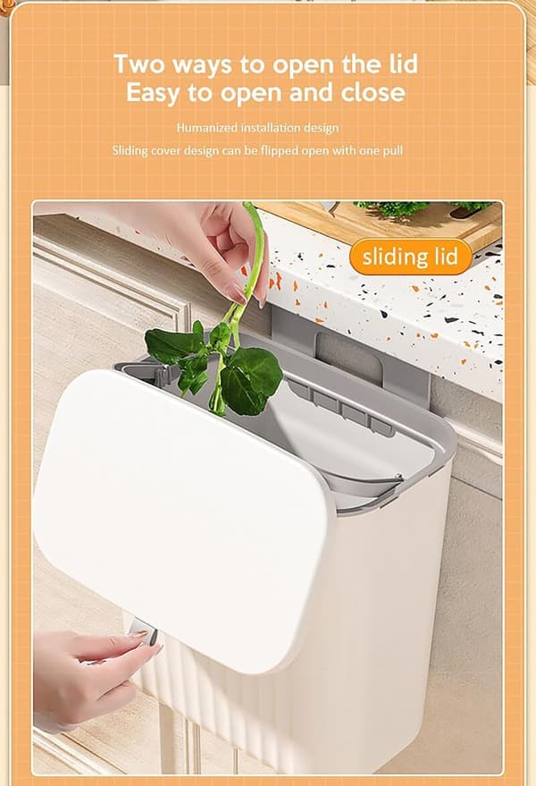 7 L Hanging Plastic Kitchen Trash Can with Lid, Double-Sided Opening Design, Kitchen Waste Bin, Hanging Wall Storage Bucket for Kitchen Cabinet Door