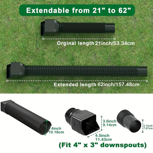 Binazon Plastic Downspout Extensions - Flexible Gutter Connector, 1-Pack, Extendable 21-62 Inches, Fits 4\" x 3\" Downspouts for Rainwater Black Black 2pcs
