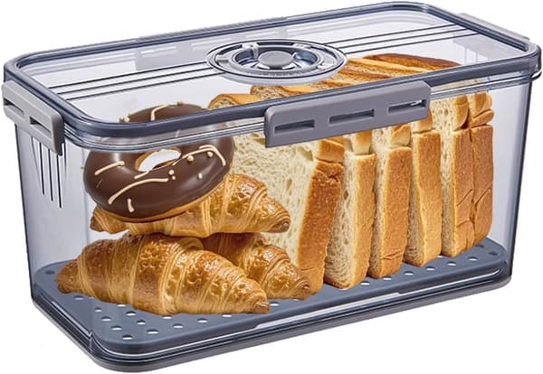 Bordplade brødkasse med lufttæt låg, timer og drænbræt til opbevaring af hjemmebagt brød.
