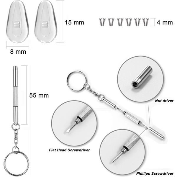 Ögonglasögon näskuddar, mjuka silikonnaäskuddar för glasögon, 5 par skruvbara 15 mm glasögon näskuddar set med skruvar och mikro skruvmejsel