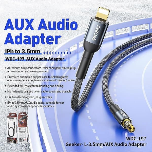 WDC-197 Geeker Lightning til 3,5 mm AUX lydadapterkabel/konverter med DAC-chip, 1,2 m længde