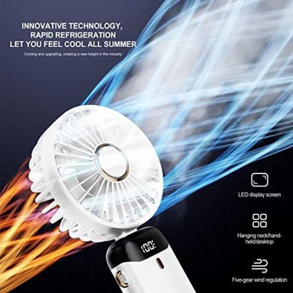 Mini bærbar ventilator. Leveres med en aromaterapiplade og et strømkabel (hvid).