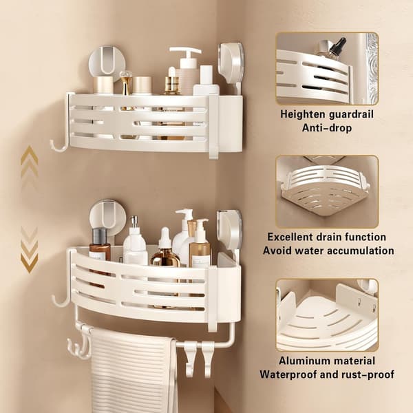 Corner Shower Shelf, Suction Cup Shower Caddy, Drill-Free Corner Bathroom Organizer with Towel Bar and Hooks
