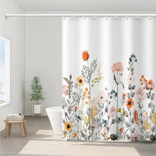 Duschdraperier, duschdraperi i tyg Blommor och växter Vit