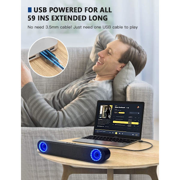 Datorhögtalare, USB-drivna PC-högtalare för stationära datorer och bärbara datorer, med LED-lampor, Plug and Play