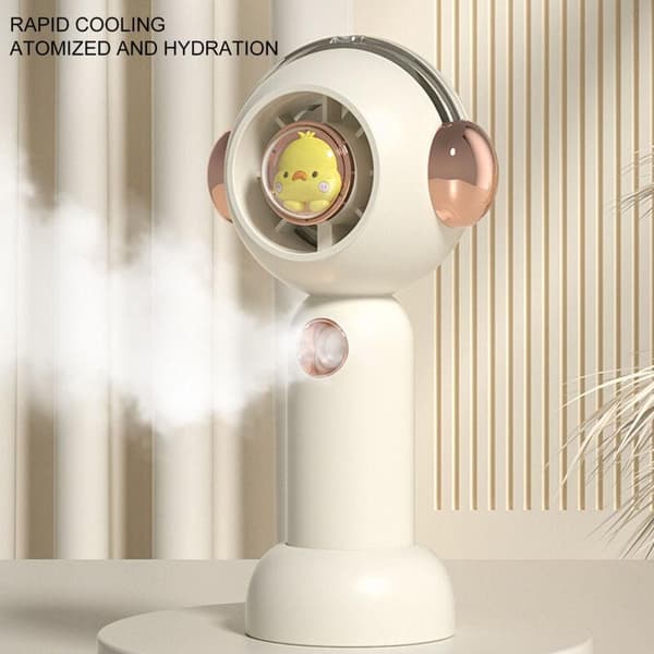 Portable fan with mist function, USB rechargeable, compact pocket fan, 500 mAh, pink, cute animal pattern.