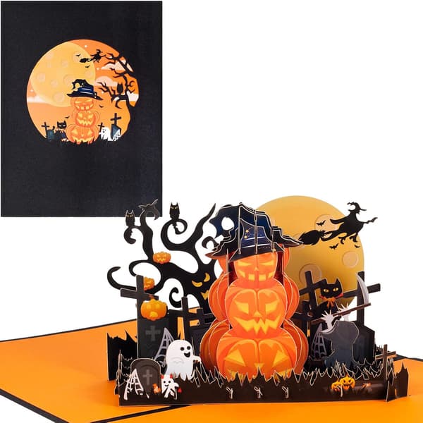 3D Halloweenkort, Pop-op Græskar og Spøgelse, Sammenfoldeligt Kort med Konvolut til Halloween