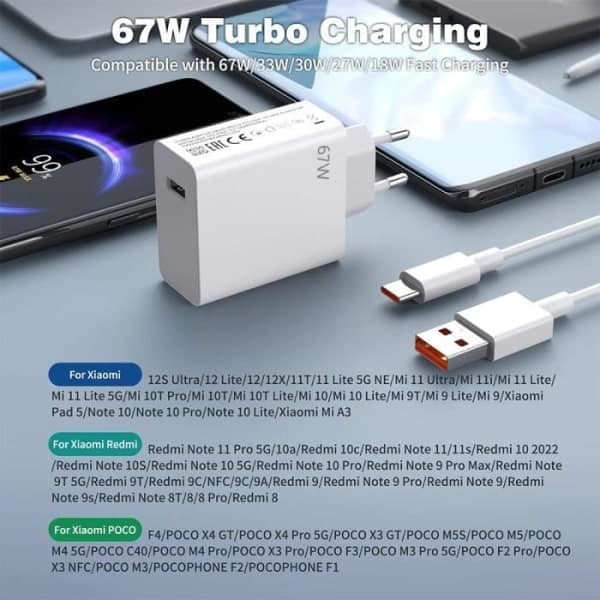 67W hurtiglader 1M 6A USB-C-kabel for Xiaomi Redmi 13C, Redmi Note 13 4G-5G, Redmi Note 13 Pro 4G-5G, Note 13 Pro 5G