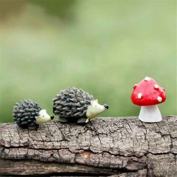 Mini-igelkottar och svamp i harts, miniatyrfigurer Trädgårdstillbehör, Resindjursfigurer för Fairy Garden, Micro Landscape Decor