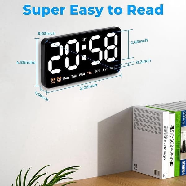 Digital väggklocka, 9 tums LED digital klocka med 12/24h, stora siffror, liten tyst väggklocka Vitt ljus White Light