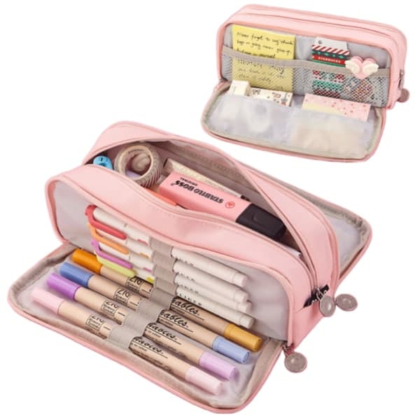 Stor blyantmappe med 3 rom, skolesekk, rosa pink