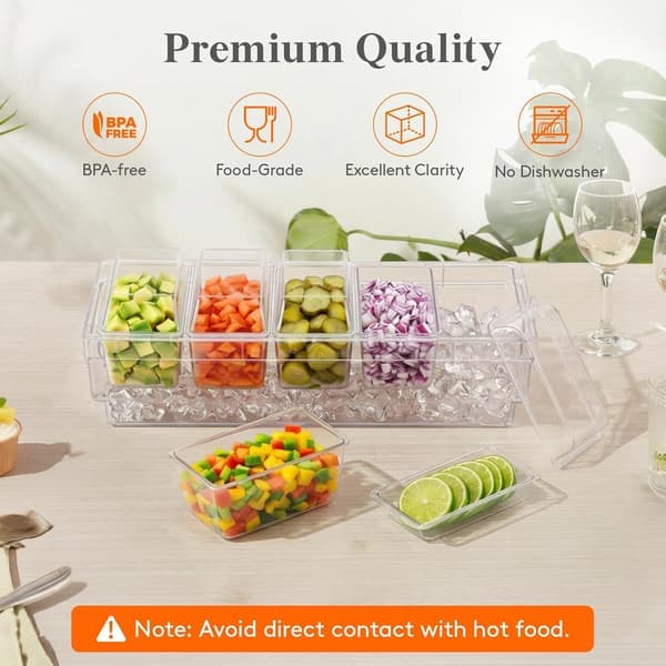Chilled Condiment Containers with Lids, Plastic Taco Bar Serving Set for Party with 5 Compartments, Ice Tray for Mimosa Bar Accessories, Clear Serving