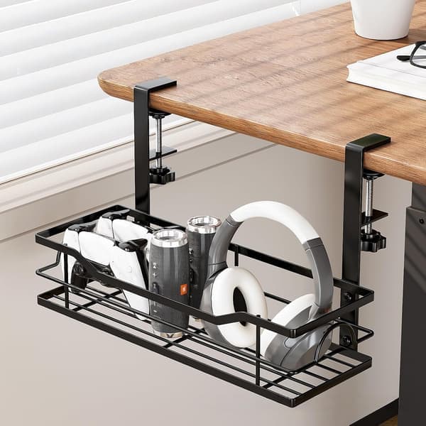 Under-Desk Storage Shelf with Hanging Rack - Drill-Free Carbon Steel Organizer for Office and Kitchen, Space-Saving and Portable