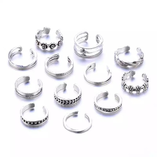 12-pack Boho Silver Ringar / Tåringar - Justerbara Silver