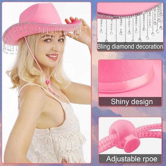 Bride Cowboy Hat - Foldable Hat - Perfect for Bachelorette Parties - With Rhinestones - Pink