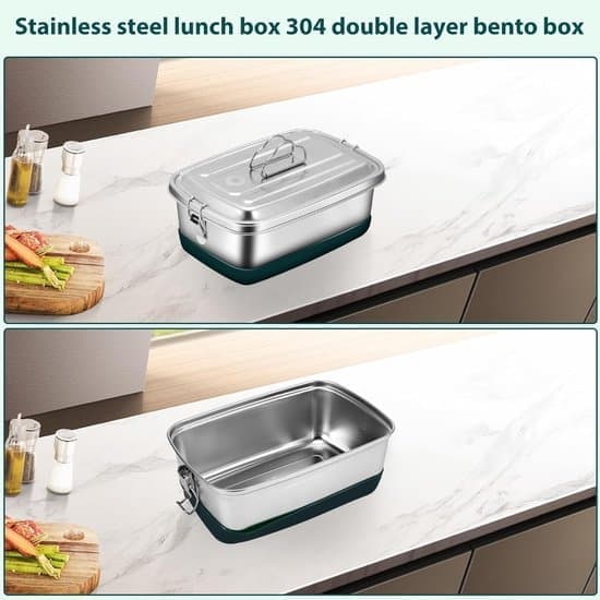 Madkasse - Rustfrit stål - 2000 ml - 22 × 15,5 × 9 cm - Bento Box - Lækagesikker - Med skillevæg - Velegnet til voksne og børn - Sølv