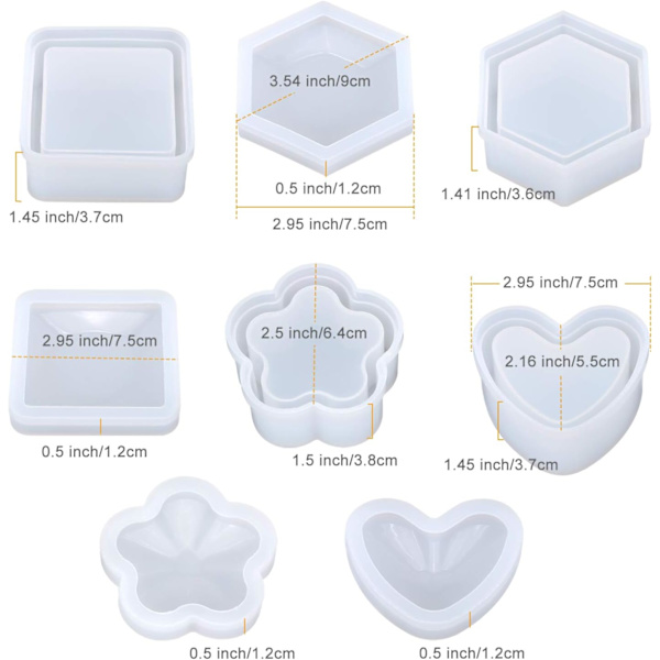 Hartsformar i silikon, lådformar i silikon, hartsformar i hjärt-, hexagon-, fyrkant- och blomform, DIY-smyckesbehållare, lådform, blomkruka, pennljus