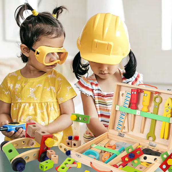 Verktygssats för barn, träverktygssats för småbarn inklusive verktygslåda, Montessori Stem Learning Educational Construction Toys för 3 4 5 6 år gamla pojkar