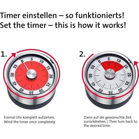 Køkkentimer, mekanisk, magnetisk, 1-60 minutter, rustfrit stål/plast