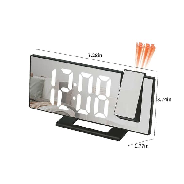 Projection Alarm Clock for Bedroom, LED Digital Clock Projected on Ceiling Wall, 180° Projector and Dimmer, Mirror Design, Snooze, 3-Speed