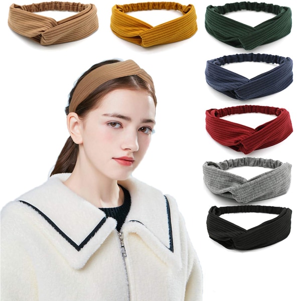 Twistade knutna stretchiga hårband för flickor Criss Cross Turban Plain Headwrap Yoga Workout Vintage Hårtillbehör, Solid Color, 7 st