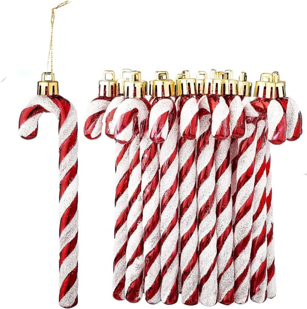 12 Shiny Candy Cane Christmas Tree Decorations Plastic Christmas Tree Ornaments Holiday Party Decorations (Red)
