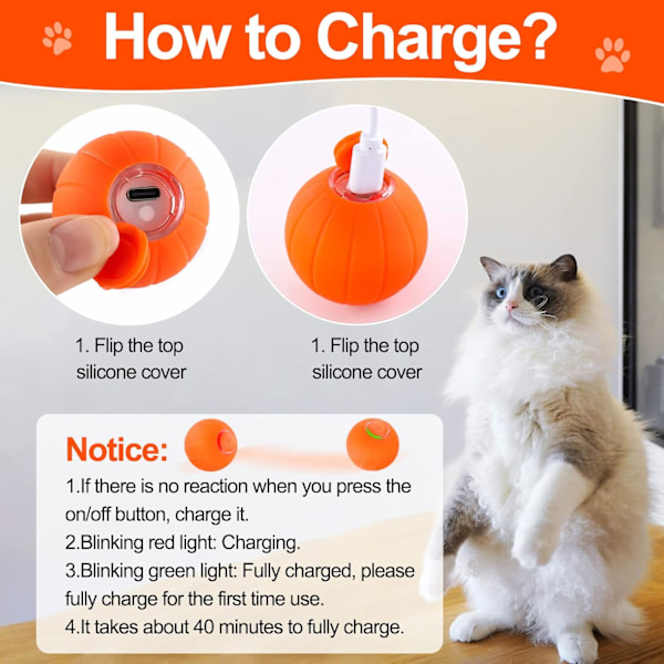 Interaktiv kattboll leksak - med LED-ljus, intelligent hoppboll, 360 graders automatisk rotation och USB-laddning, stimulerar jakt, för kattunge