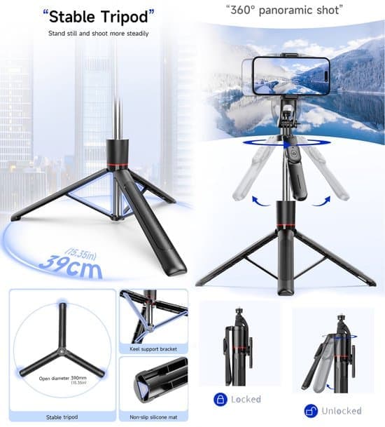 Stativ telefonstativ smartphone-stativ med lys - 67-tommer foldbart teleskopisk Bluetooth selfie-stick stativ/monopod - med dobbelte LED-lys