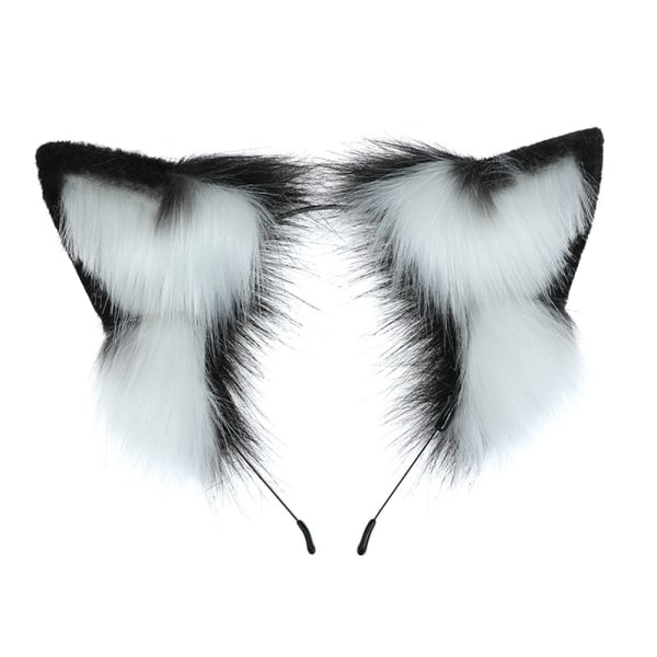 Räv fuskpälsöron Pannband Söt halloween finklänning Cosplay hårband lurviga djuröron hårbåge örhängen-svart vit