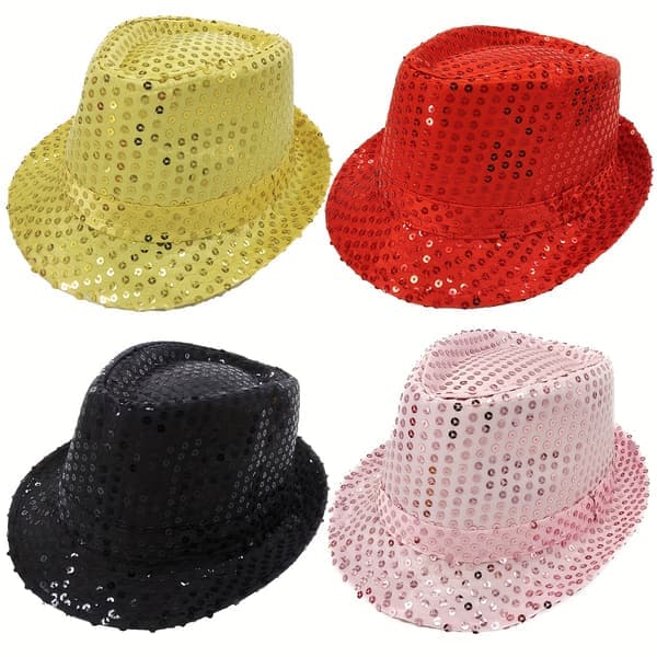 4-pak pailletkasket unisex western dance jazzhat glitrende diskohat til Halloween-fest 4 stk.
