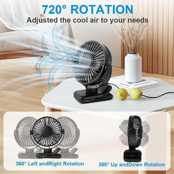 Minibordventilator med klemme. Stille bærbar ventilator, 12,7 cm diameter, tre blæserhastigheder - sort.